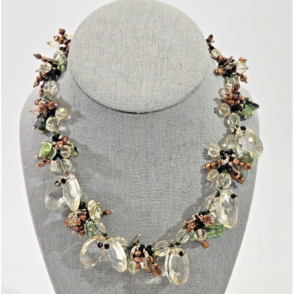 Blair Delmonico? Green Bronze Glass Beaded Fringe Statement‎ Necklace 17.5" VTG